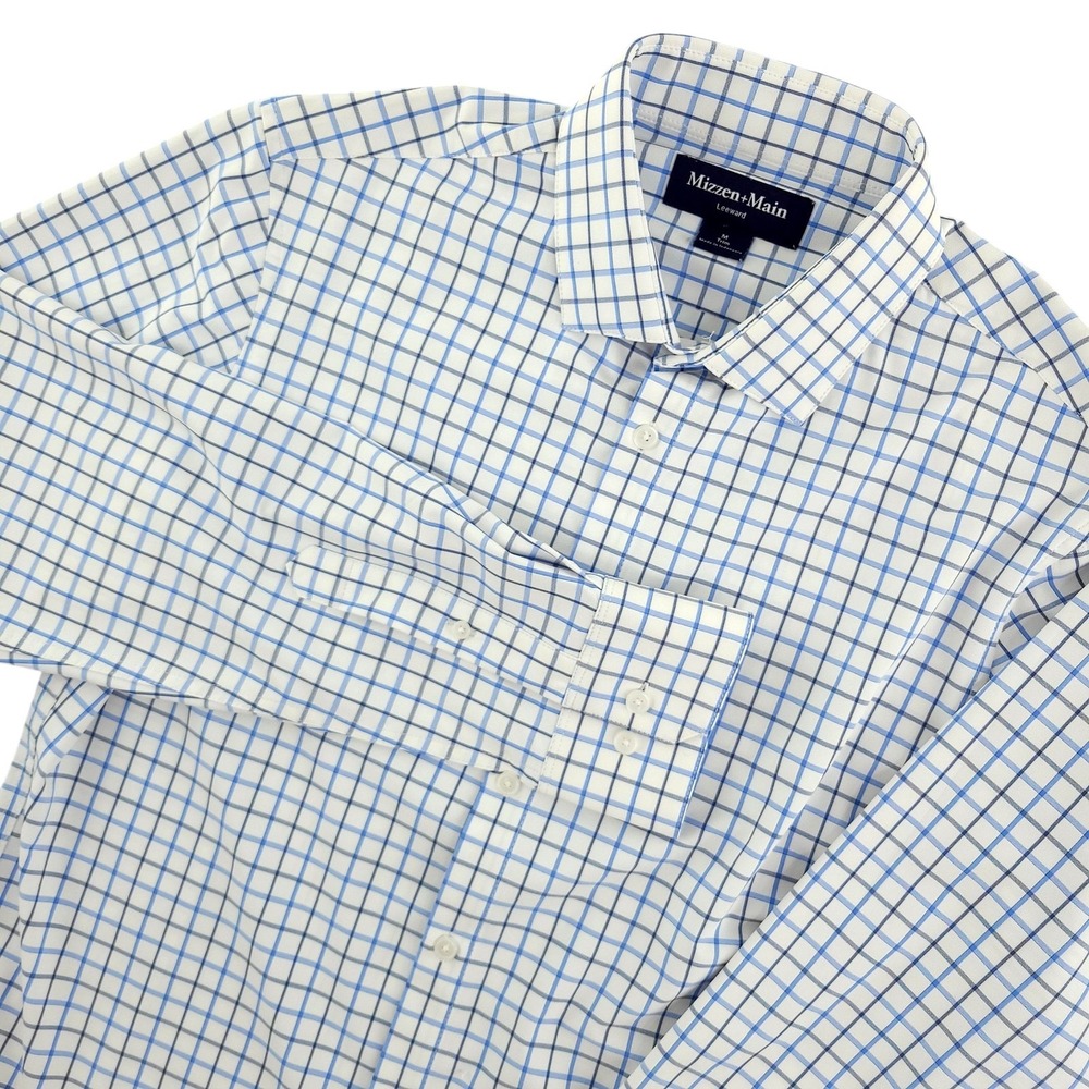 Mizzen+Main Leeward Dress Shirt Mens M Blue Check Slim Fit Performance Stretch